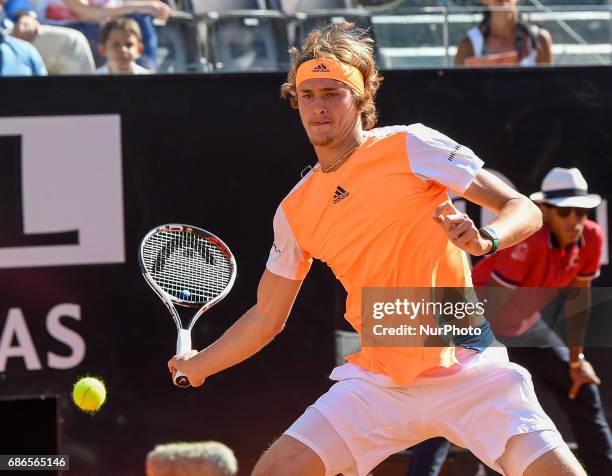 Alexander Zverev in action during his match against Novak Djokovic - Internazionali BNL d'Italia 2017 on May 21, 2017 in Rome, Italy.