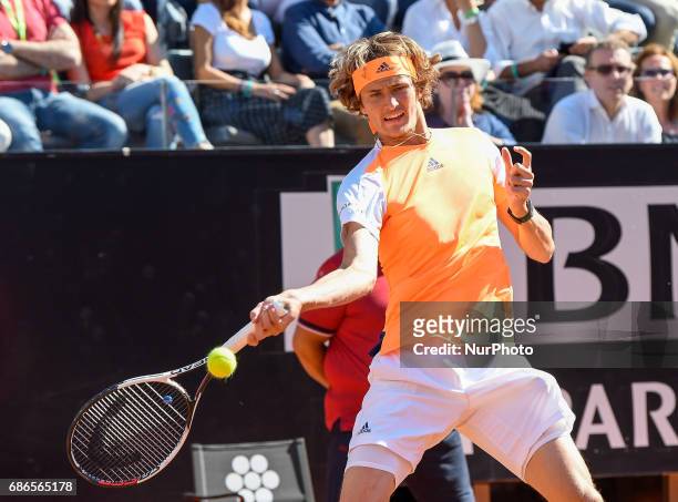Alexander Zverev in action during his match against Novak Djokovic - Internazionali BNL d'Italia 2017 on May 21, 2017 in Rome, Italy.