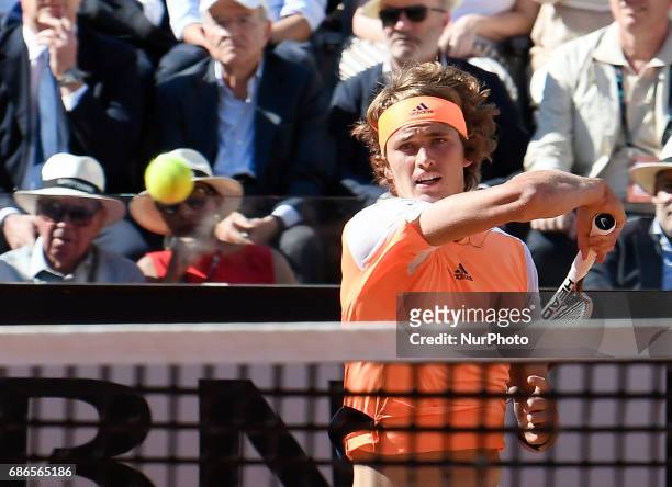 Alexander Zverev in action during his match against Novak Djokovic - Internazionali BNL d'Italia 2017 on May 21, 2017 in Rome, Italy.