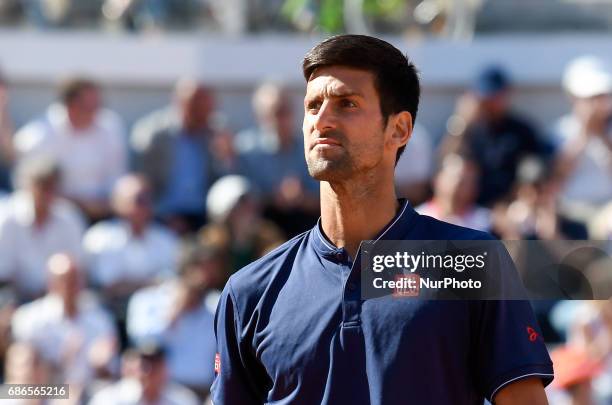 Novak Djokovic in action during his match against Alexander Zverev - Internazionali BNL d'Italia 2017 on May 21, 2017 in Rome, Italy.