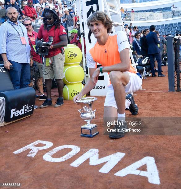 Alexander Zverev holds his winning trophy after ATP Final match between Alexander Zverev vs Novak Djokovic - Internazionali BNL d'Italia 2017 on May...