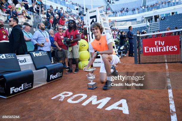 Alexander Zverev holds his winning trophy after ATP Final match between Alexander Zverev vs Novak Djokovic - Internazionali BNL d'Italia 2017 on May...