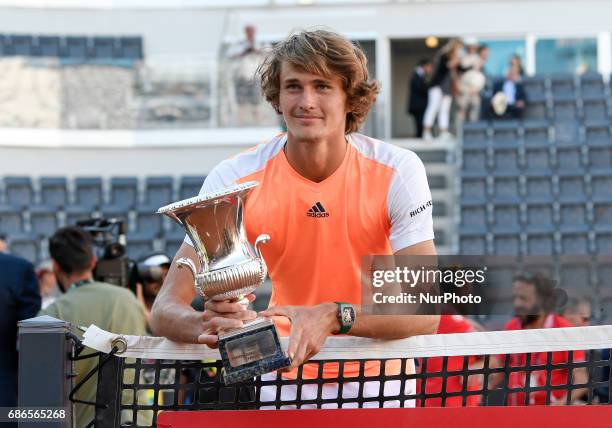 Alexander Zverev holds his winning trophy after ATP Final match between Alexander Zverev vs Novak Djokovic - Internazionali BNL d'Italia 2017 on May...