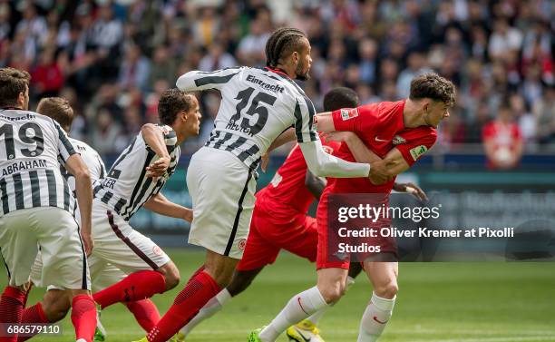 The teams expecting at corner kick at the Commerzbank Arena during the 1. Bundesliga match between Eintracht Frankfurt and RB Leipzig on May 20, 2017...