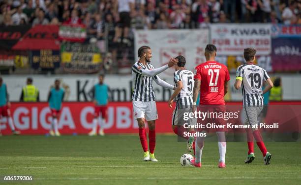 Defense Michael Hector of Eintracht Frankfurt congratulating Defense Jesus Vallejo of Eintracht Frankfurt on his goal, scoring the 1:2 at the...