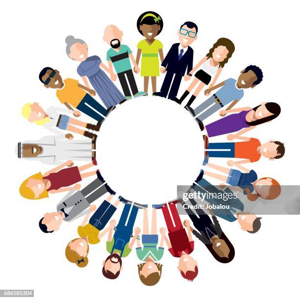 happy people holding hände kreis - vector character stock-grafiken, -clipart, -cartoons und -symbole
