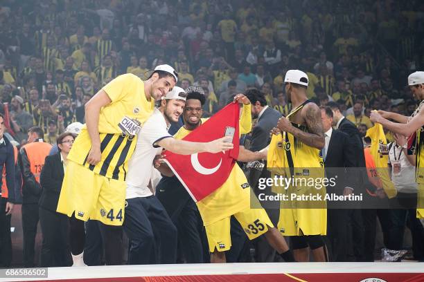 Baris Hersek, #5 of Fenerbahce Istanbul, Ahmet Duverioglu, #44 of Fenerbahce Istanbul, Bobby Dixon, #35 of Fenerbahce Istanbul during the 2017 Final...