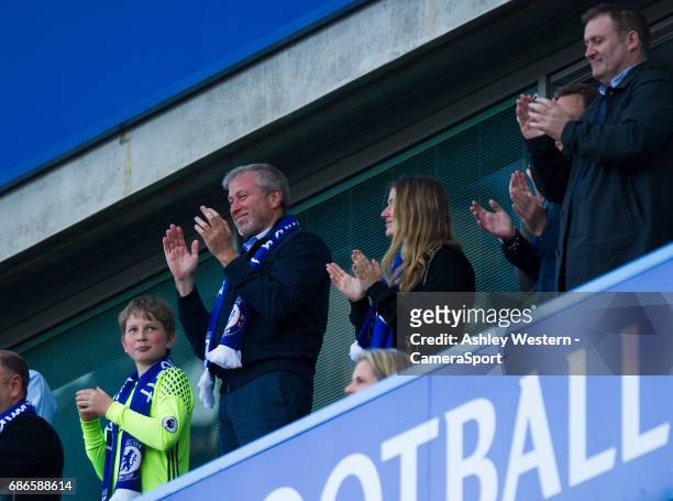 Chelsea owner Roman Abramovich salutes John Terry as he praises him in his speech during the Premier League match between Chelsea and Sunderland at...