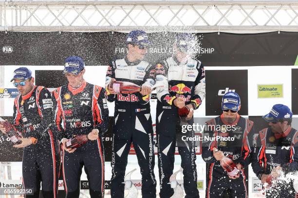 Sebastien Ogier and Julien Ingrassia 1th, Thierry Neuville and Nicolas Gilsoul 2th and Dani Sordo and Marc Marti 3th during the Podium Ceremony of...