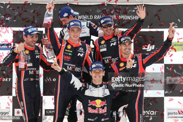 Sebastien Ogier and Julien Ingrassia 1th, Thierry Neuville and Nicolas Gilsoul 2th and Dani Sordo and Marc Marti 3th during the Podium Ceremony of...