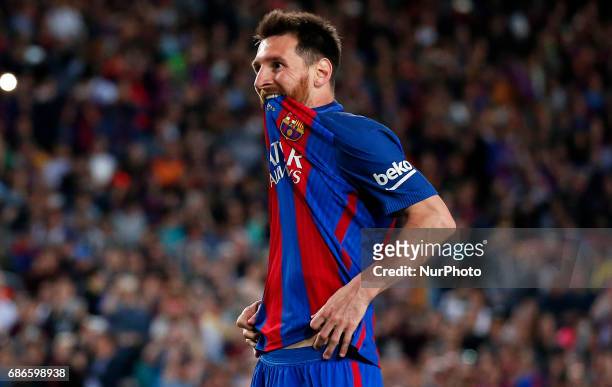 Leo Messi after missing a penalty during La Liga match between F.C. Barcelona v S.D. Eibar, in Barcelona, on May 21, 2017.