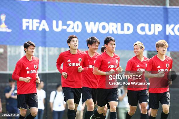 Akito Takagi of Japan with teammate inaction during a training session ahead of the FIFA U-20 World Cup Korea Republic 2017 group D match against...