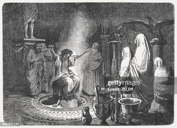the pythia foretells the oracle of delphi, published in 1880 - greek temple illustration stock illustrations