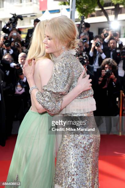 Actresses Nicole Kidman greets Elle Fanning as they attend the "How To Talk To Girls At Parties" screening during the 70th annual Cannes Film...