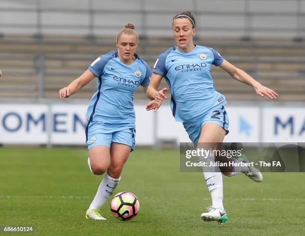 Georgia Stanway and Lucy Bronze of Manchester City Women chase the ball during the WSL Spring Series Match between Manchester City Women and Yeovil...