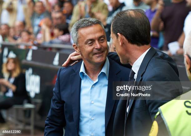 Salvador Gonzalez Voro head coach of Valencia CF and Fran Escriba head coach of Villarreal CF during their La Liga match between Valencia CF and...