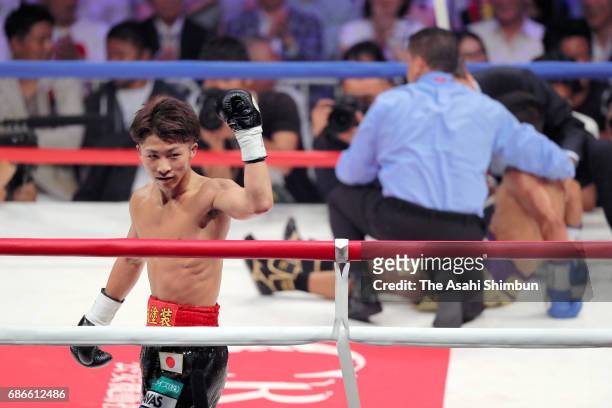 Champion Naoya Inoue of Japan celebrates his knock out victory over challenger Ricardo Rodriguez of Mexico in the third round during the WBO Super...