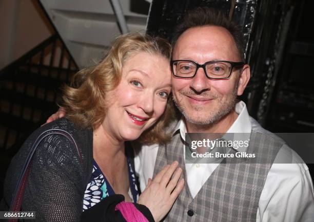 Kristine Neilsen and Michael Emerson pose backstage at the hit comedy "Present Laughter" on Broadway at The St. James Theatre on May 21, 2017 in New...