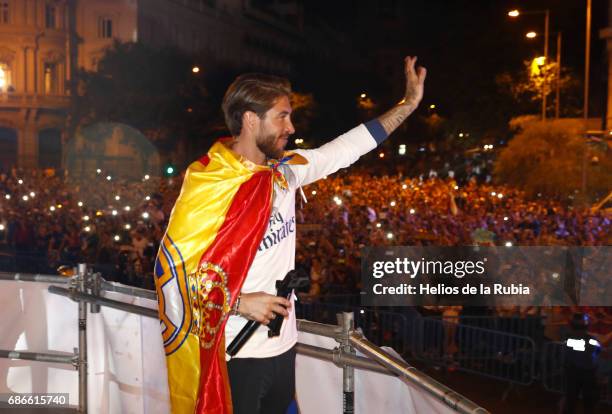 Sergio Ramos of Real Madrid celebrates during celebrations at Cibeles Fountain after winning the 2016/17 Spanish football league, at Madrid on May...