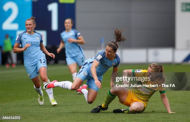 Jane Ross of Manchester City Women and Natalie Haigh of of Yeovil Town Ladies in action during the WSL Spring Series Match between Manchester City...