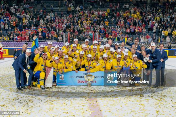 World Champions - Team Sweden with the trophy after the Ice Hockey World Championship Gold medal game between Canada and Sweden at Lanxess Arena in...