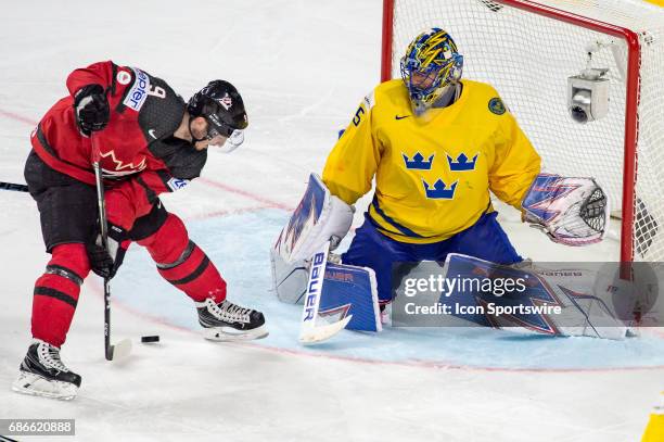 Matt Duchene tries to score against Goalie Henrik Lundqvist during the Ice Hockey World Championship Gold medal game between Canada and Sweden at...