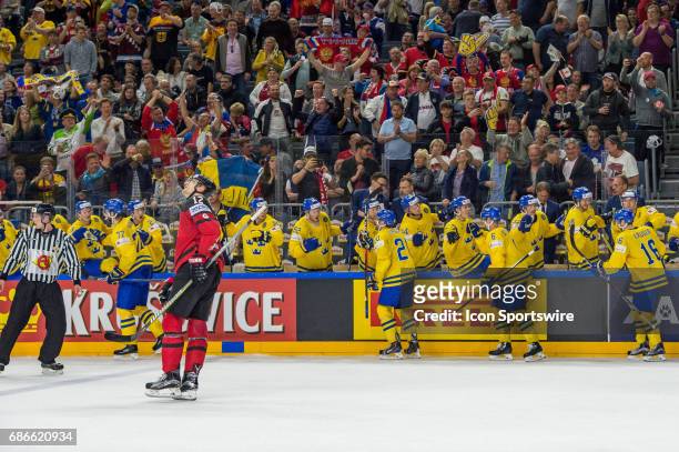 Victor Hedman celebrates his goal with teammates during the Ice Hockey World Championship Gold medal game between Canada and Sweden at Lanxess Arena...