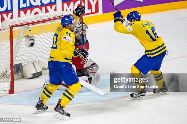 Joel Lundqvist and Marcus Kruger celebrates a goal in the net of Goalie Calvin Pickard during the Ice Hockey World Championship Gold medal game...