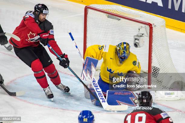 Alex Killorn tries to score against Goalie Henrik Lundqvist during the Ice Hockey World Championship Gold medal game between Canada and Sweden at...