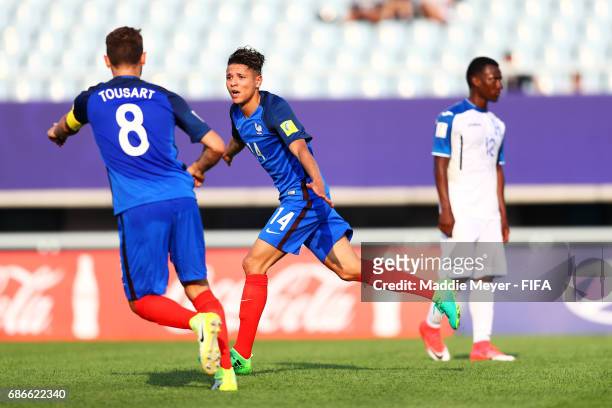 Amine Harit of France celebrates with Lucas Tousart after scoring a goal during the FIFA U-20 World Cup Korea Republic 2017 group E match between...