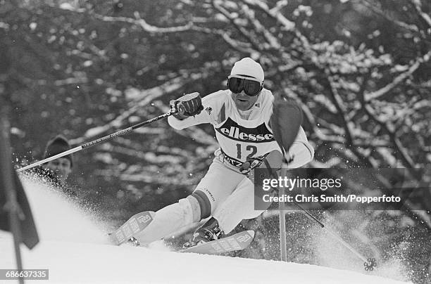 Swedish alpine skier Ingemar Stenmark pictured in action during competition in the Men's slalom event during the 1984 Alpine Skiing World Cup at...