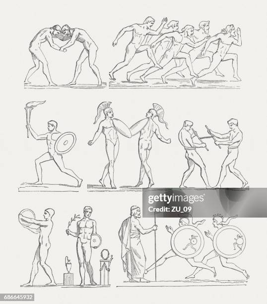 illustrations, cliparts, dessins animés et icônes de jeux olympiques de l’antiquité, gravures sur bois, publié en 1880 - grèce antique