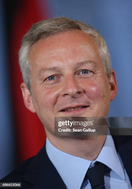 New French Finance Minister Bruno Le Maire speaks to the media following talks with German Finance Minister Wolfgang Schaeuble on May 22, 2017 in...