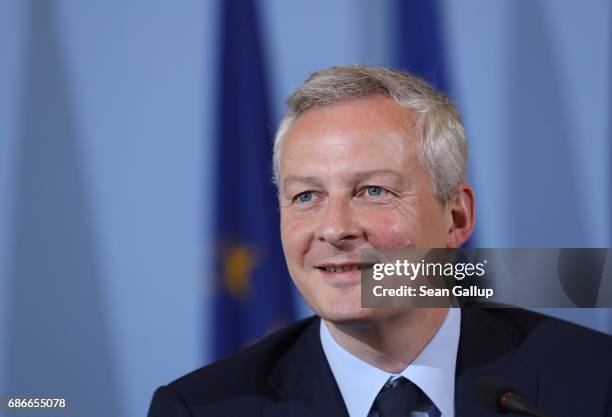 New French Finance Minister Bruno Le Maire speaks to the media following talks with German Finance Minister Wolfgang Schaeuble on May 22, 2017 in...