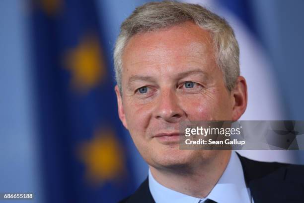 New French Finance Minister Bruno Le Maire speaks to the media following talks with German Finance Minister Wolfgang Schaeuble on May 22, 2017 in...