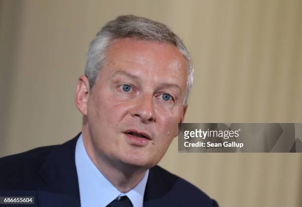 New French Finance Minister Bruno Le Maire speaks to the media following talks with German Finance Minister Wolfgang Schaeuble on May 22, 2017 in...