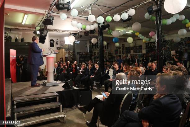 Labour leader Jeremy Corbyn looks on as Deputy Leader Tom Watson speaks during a campaign rally to launch Labours Cultural Manifesto at Fruit on May...