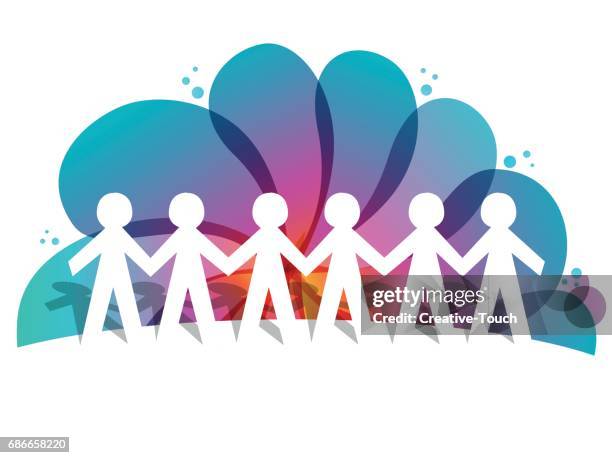 farbige tropfen und papier völker konzept - children's advocacy illustration group stock-grafiken, -clipart, -cartoons und -symbole