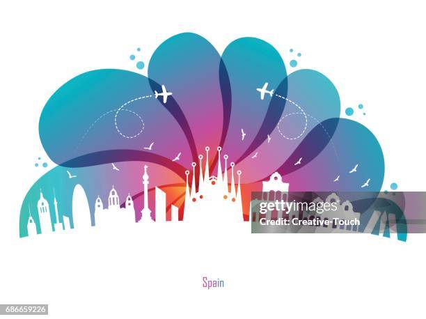 ilustraciones, imágenes clip art, dibujos animados e iconos de stock de españa y gotas de color - barcelona
