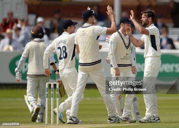 James Franklin of Middlesex celebrates after dismissing Kumar Sangakkara of Surrey during day four of the Specsavers County Championship Division One...