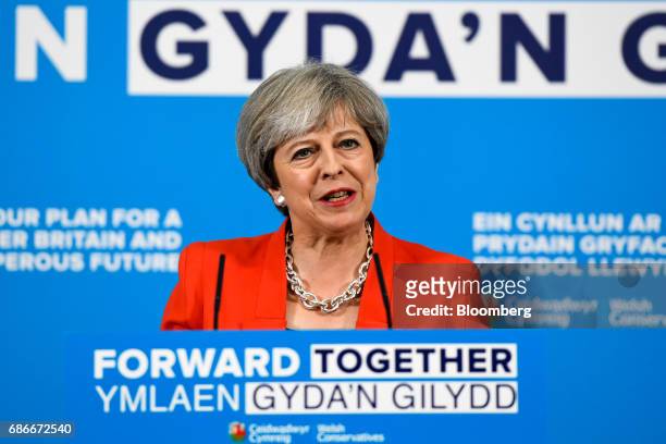 Theresa May, U.K. Prime minister and leader of the Conservative Party, speaks during the launch of the Welsh Conservative general election manifesto...