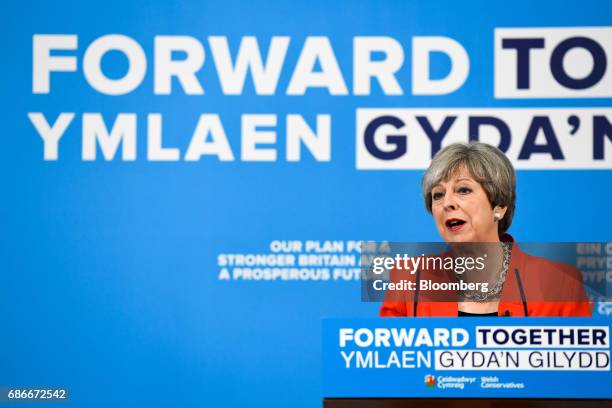 Theresa May, U.K. Prime minister and leader of the Conservative Party, speaks during the launch of the Welsh Conservative general election manifesto...