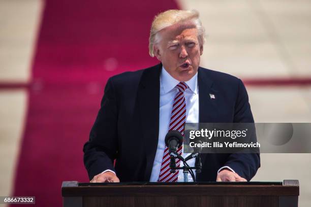 President Donald Trump speaks during an official welcoming ceremony on his arrival at Ben Gurion International Airport on May 22, 2017 near Tel Aviv,...