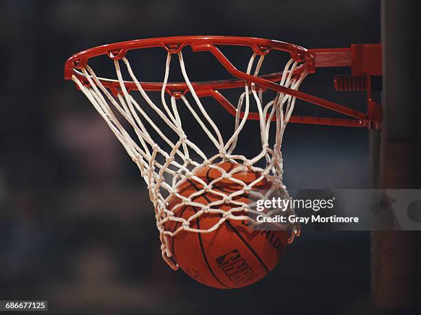 Generic view of a Spalding NBA basketball dropping into the hoop during the FIBA European Basketball Championship on 25 June 1989 at the Dom Sportova...