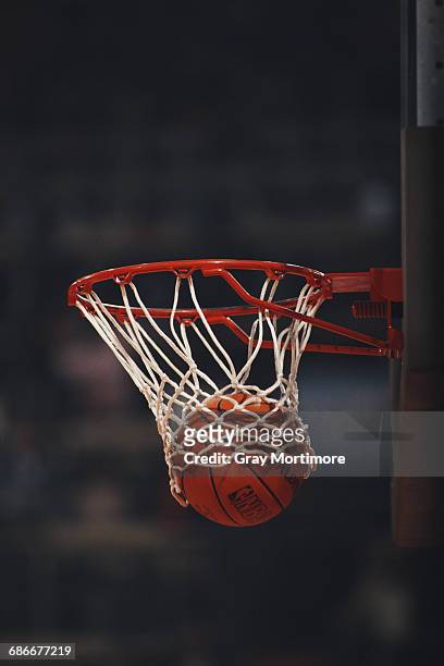 Generic view of a Spalding NBA basketball dropping into the hoop during the FIBA European Basketball Championship on 25 June 1989 at the Dom Sportova...