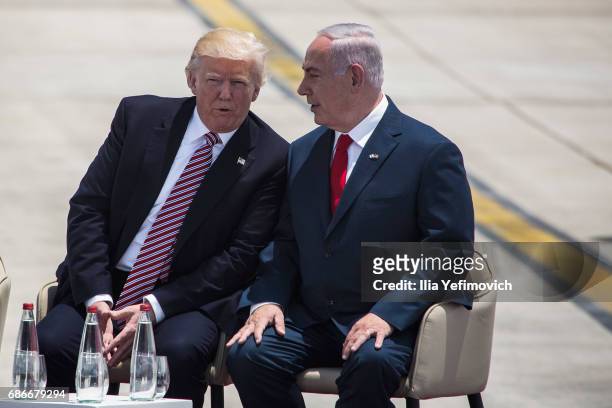 President Donald Trump and Israeli Prime Minister Benjamin Netanyahu during an official welcoming ceremony on his arrival at Ben Gurion International...