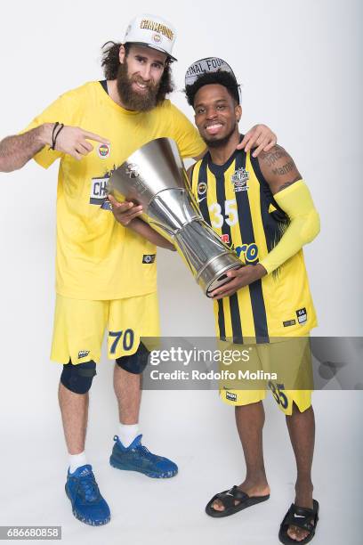 Luigi Datome, #70 of Fenerbahce Istanbul and Bobby Dixon, #35 pose with Trophy duringTurkish Airlines EuroLeague Basketball Final Four istanbul 2017...