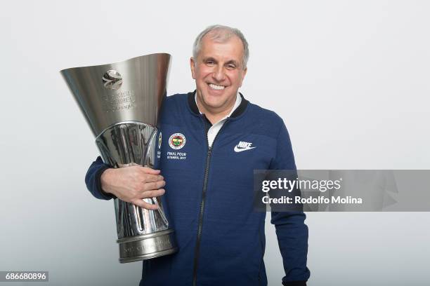 Zeljko Obradovic, Head Coach of Fenerbahce Istanbul pose with Trophy duringTurkish Airlines EuroLeague Basketball Final Four istanbul 2017 Champion...