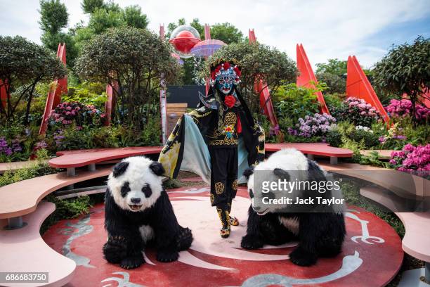 Performers in panda costumes perform in the Silk Road Garden at the Chelsea Flower Show on May 22, 2017 in London, England. The prestigious Chelsea...