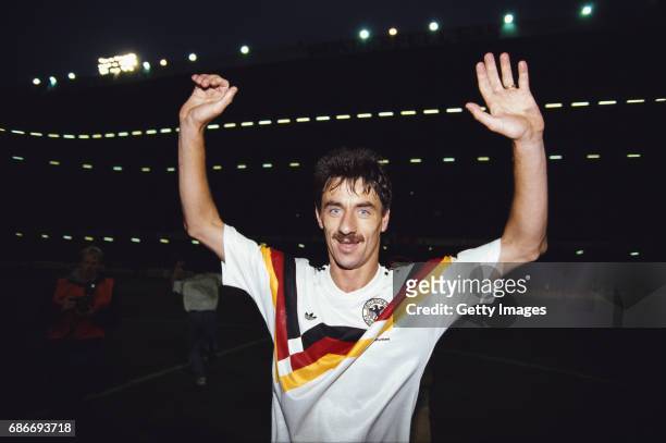 Wales goalscorer Ian Rush celebrates after Wales had beaten West Germany 1-0 in a 1992 UEFA Championships qualifier at Cardiff Arms Park on May 5,...